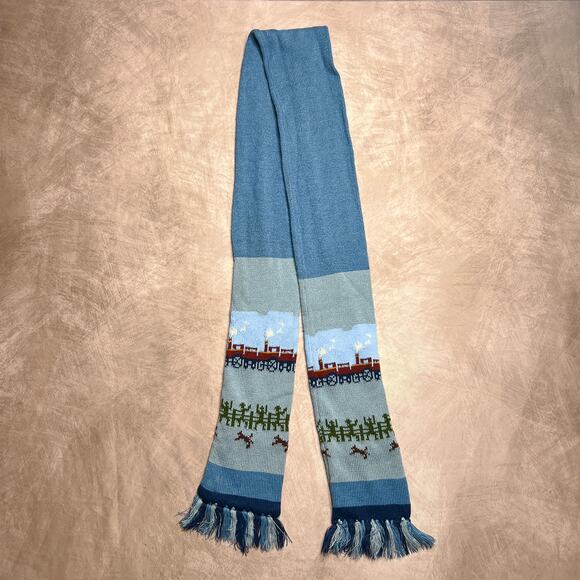 Vintage 80s Made Expressly for Collage Railroad Cowboy Scarf Knit Blue Wild West - Picture 6 of 6